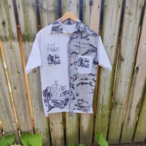 Vintage 'Havana Club' white/grey split graphic button down linen shirt men's m